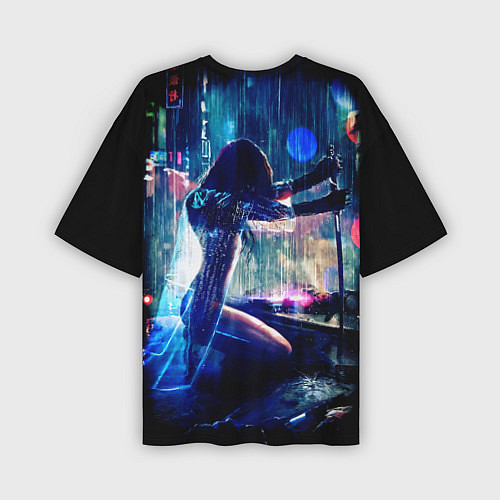 Мужская футболка оверсайз Cyberpunk девушка с катаной / 3D-принт – фото 2