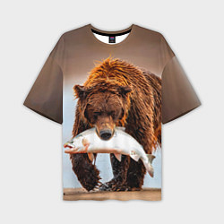 Мужская футболка оверсайз Медведь с рыбой во рту