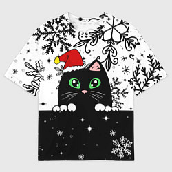 Мужская футболка оверсайз Новогодний кот в колпаке Санты