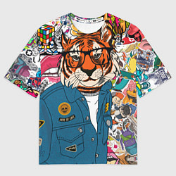Футболка оверсайз мужская Стикербомбинг с тигром, цвет: 3D-принт