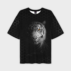 Футболка оверсайз мужская Тигр черно-белый соты, цвет: 3D-принт