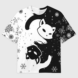 Мужская футболка оверсайз Новогодние два кота кувыркаются