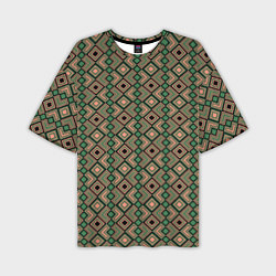 Мужская футболка оверсайз Абстракция из черных, зеленых и бежевых квадратов