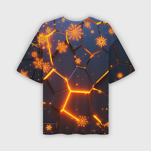 Мужская футболка оверсайз НОВОГОДНИЕ ОГНЕННЫЕ 3D ПЛИТЫ FIRE NEON HEXAGON / 3D-принт – фото 2