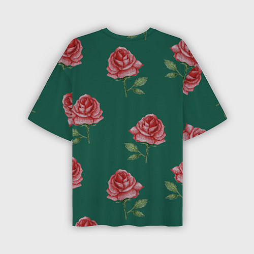 Мужская футболка оверсайз Ярко красные розы на темно-зеленом фоне / 3D-принт – фото 2