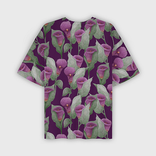 Мужская футболка оверсайз Фиолетовые каллы на темно фиолетовом фоне / 3D-принт – фото 2