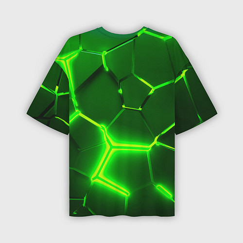 Мужская футболка оверсайз 3D ПЛИТЫ НЕОН NEON GREEN HEXAGON РАЗЛОМ / 3D-принт – фото 2