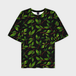 Футболка оверсайз мужская Яркие зеленые листья на черном фоне, цвет: 3D-принт