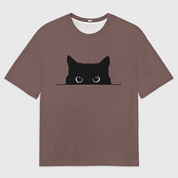 Мужская футболка оверсайз Черная кошка выглядывает из укрытия