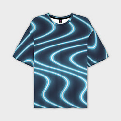 Мужская футболка оверсайз Неоновый свет Волны голубые на темном фоне