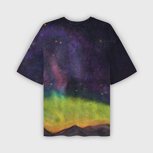 Мужская футболка оверсайз Горный пейзаж со звёздным небом и северным сиянием / 3D-принт – фото 2
