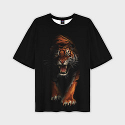Футболка оверсайз мужская Тигр на черном фоне, цвет: 3D-принт