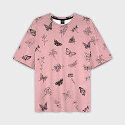 Мужская футболка оверсайз Цветочки и бабочки на розовом фоне