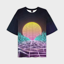 Мужская футболка оверсайз Vaporwave Закат солнца в горах Neon