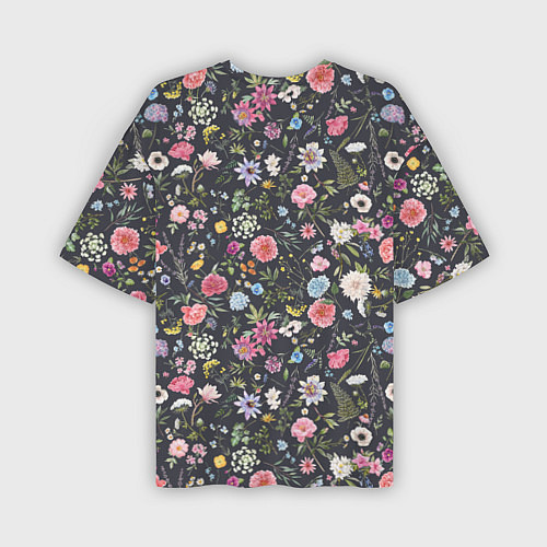 Мужская футболка оверсайз Разные цветы, листья, травы на темном фоне / 3D-принт – фото 2