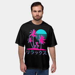 Футболка оверсайз мужская Неоновые пальмы Иероглифы Neon Palm Tree, цвет: 3D-принт — фото 2