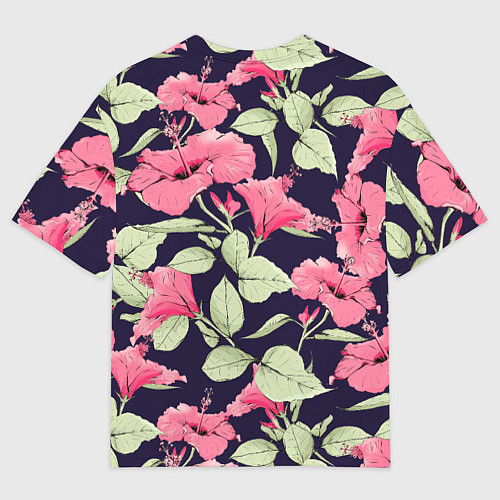 Мужская футболка оверсайз Цветы Розовые Гибискусы На Тёмно-Синем Фоне / 3D-принт – фото 2