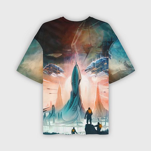 Мужская футболка оверсайз Stellaris космические корабли на фоне башни / 3D-принт – фото 2
