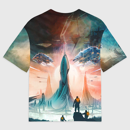 Мужская футболка оверсайз Stellaris космические корабли на фоне башни / 3D-принт – фото 2