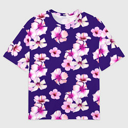 Мужская футболка оверсайз Цветы Розовые Гибискус На Синем Фоне