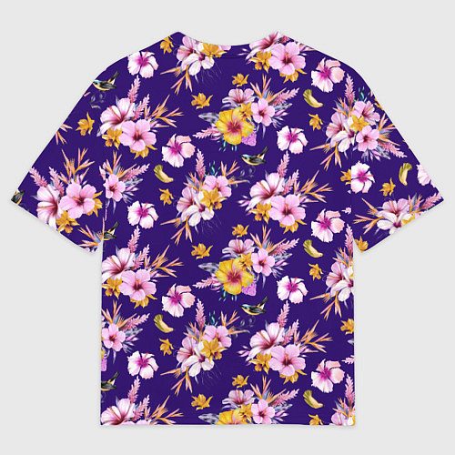 Мужская футболка оверсайз Цветы Разноцветные Гибискус и Ирисы На Синем Фоне / 3D-принт – фото 2
