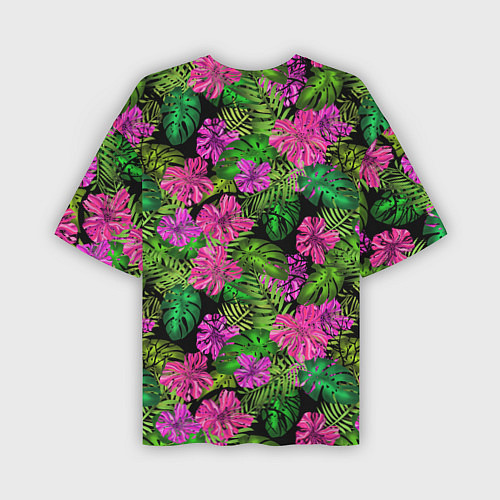 Мужская футболка оверсайз Тропические листья и цветы на черном фоне / 3D-принт – фото 2