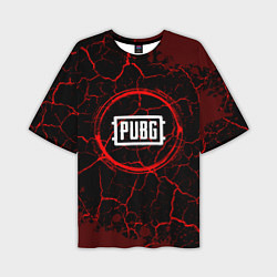 Мужская футболка оверсайз Символ PUBG и краска вокруг на темном фоне