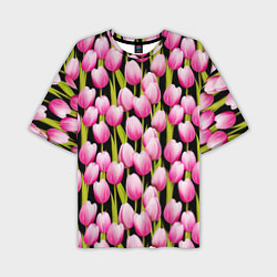 Мужская футболка оверсайз Цветы Розовые Тюльпаны