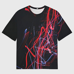 Мужская футболка оверсайз Неоновые лучи в абстракции - Красный и синий