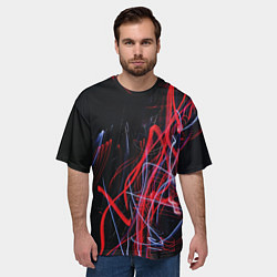 Футболка оверсайз мужская Неоновые лучи в абстракции - Красный и синий, цвет: 3D-принт — фото 2