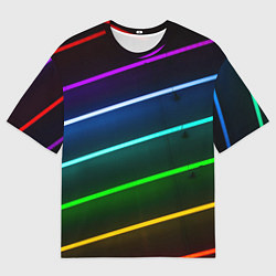 Футболка оверсайз мужская Неоновые разноцветные фонари - Голубой и зелёный, цвет: 3D-принт