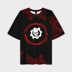 Мужская футболка оверсайз Символ Gears of War и краска вокруг на темном фоне