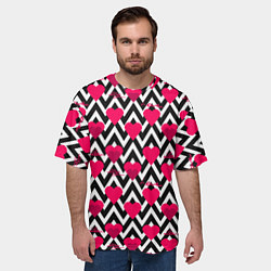 Футболка оверсайз мужская Красные сердца на черно-белом фоне зигзаг, цвет: 3D-принт — фото 2