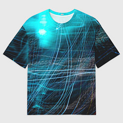 Футболка оверсайз мужская Неоновые волны и линии - Голубой, цвет: 3D-принт