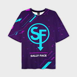 Мужская футболка оверсайз Символ Sally Face в неоновых цветах на темном фоне