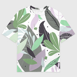 Мужская футболка оверсайз Зелёные, серые, голубые, сиреневые листья на белом