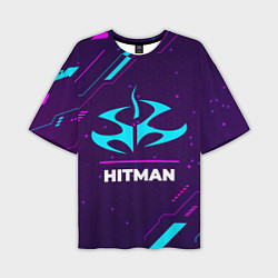 Мужская футболка оверсайз Символ Hitman в неоновых цветах на темном фоне