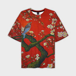 Мужская футболка оверсайз Птица на ветвях сакуры