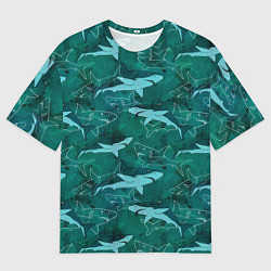 Мужская футболка оверсайз Акулы не темно бирюзовом фоне