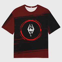 Футболка оверсайз мужская Символ Skyrim и краска вокруг на темном фоне, цвет: 3D-принт