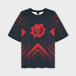 Мужская футболка оверсайз Красный Символ Gears of War на темном фоне со стре