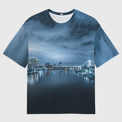 Футболка оверсайз мужская Неоновый город вдалеке и небо - Синий, цвет: 3D-принт