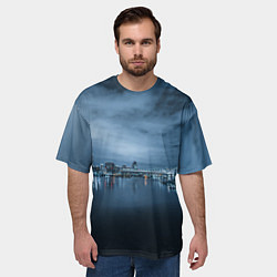 Футболка оверсайз мужская Неоновый город вдалеке и небо - Синий, цвет: 3D-принт — фото 2