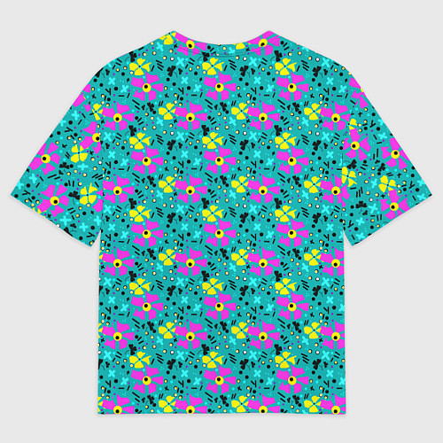 Мужская футболка оверсайз Яркий цветочный узор на бирюзовом фоне / 3D-принт – фото 2