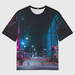 Футболка оверсайз мужская Неоновая пустая улица города - Синий, цвет: 3D-принт