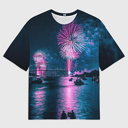 Мужская футболка оверсайз Неоновый салют над рекой ночью - Синий