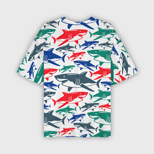 Мужская футболка оверсайз Стая разноцветных акул - паттерн / 3D-принт – фото 2