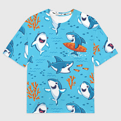 Футболка оверсайз мужская Прикольные акулята - паттерн, цвет: 3D-принт