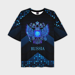 Футболка оверсайз мужская Синий неоновый герб России, цвет: 3D-принт