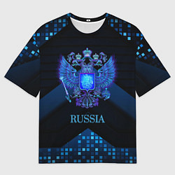 Мужская футболка оверсайз Синий неоновый герб России